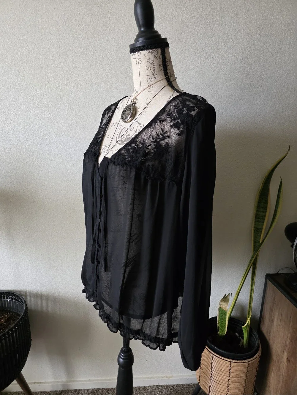 Torrid Sheer Black Lace Trim Button-Front Blouse